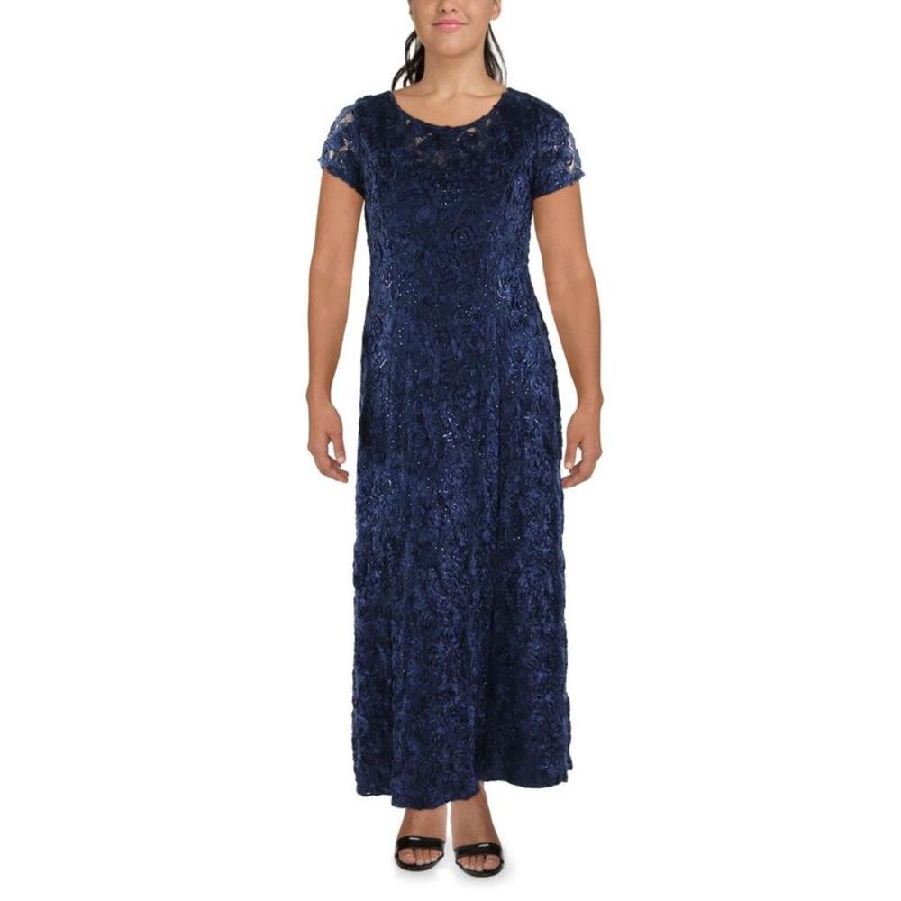 Alex Evenings Navy Blue Short-Sleeve Sequin Gown